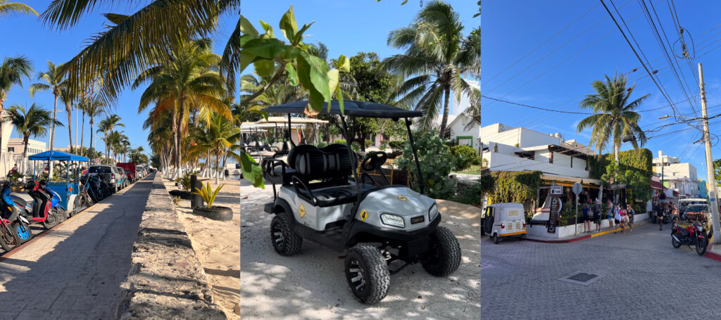 Golf Carts and tourists walking in Isla Mujeres Mexico