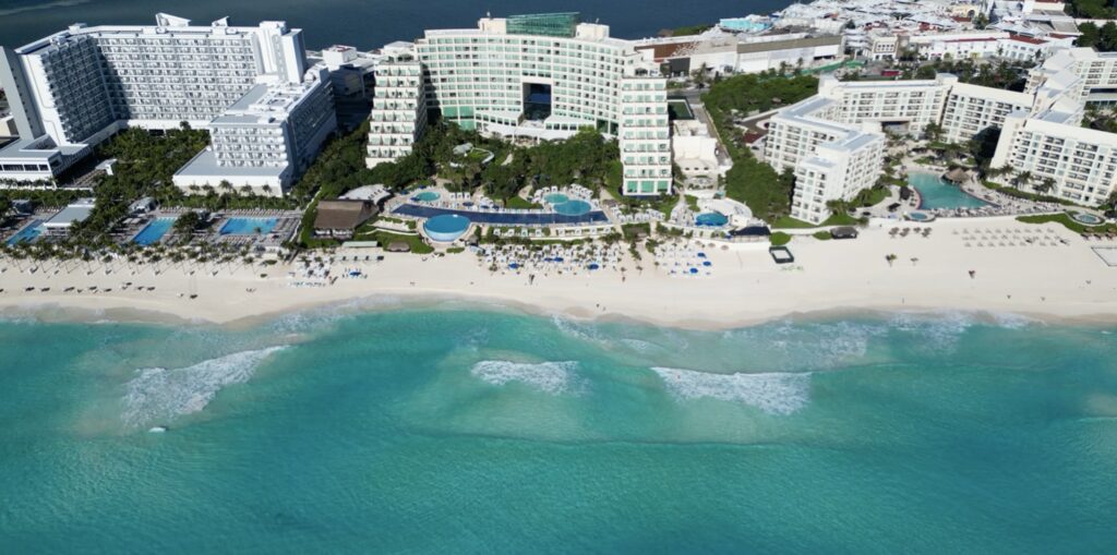 panoramic aerial view of Cancun Hotel Zone Mexico