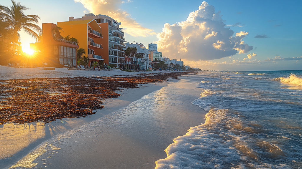 Seaweed on the beach of Cancun during the seaweed season