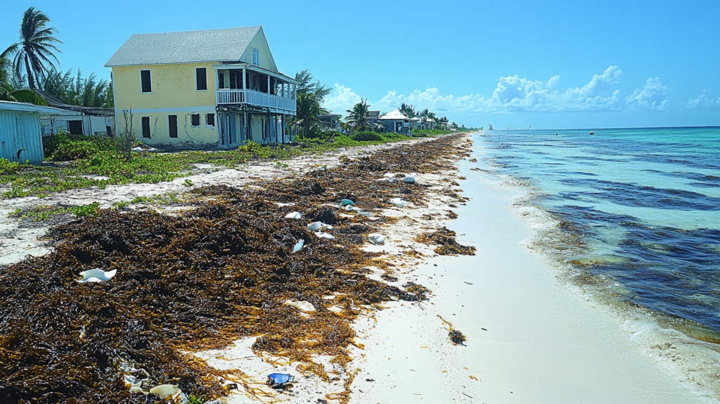 Tropical beach with seaweed