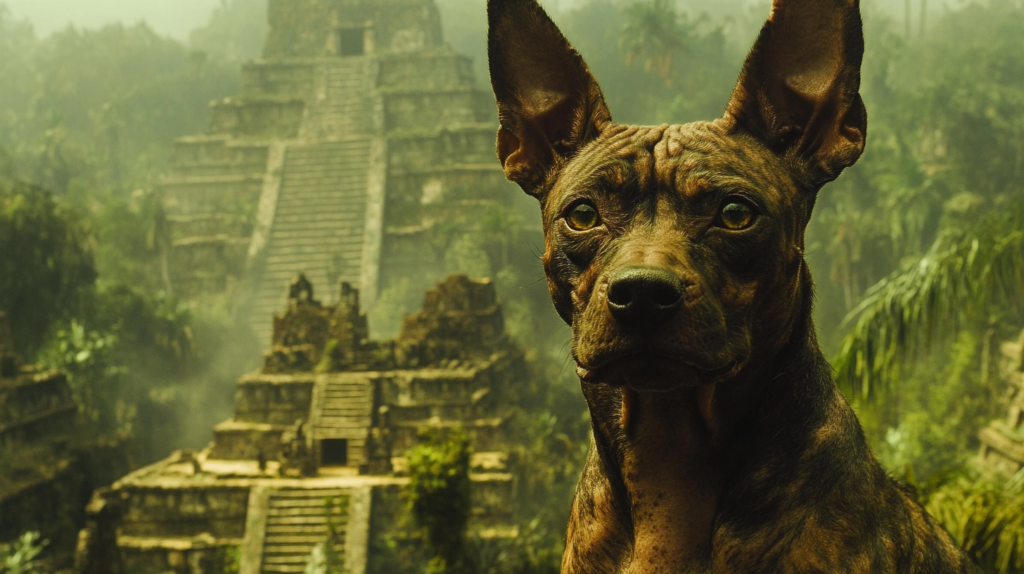 Mexican hairless dog (Xoloitzcuintli) in the jungles with Mayan Ruins in the background