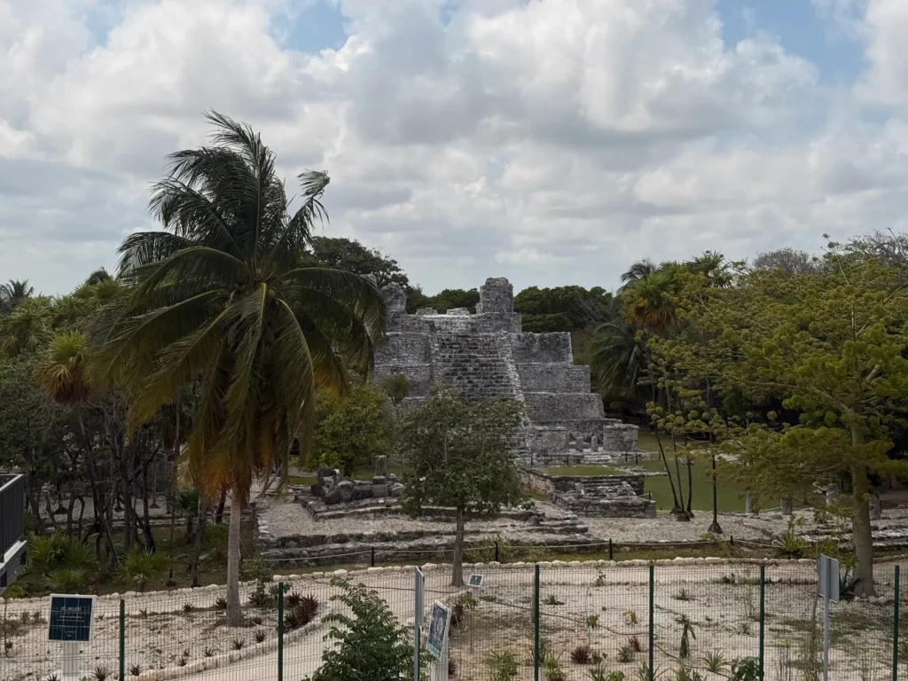El Meco ruins in Cancun with the El Castillo pyramid surrounded by palm trees and tropical vegetation.