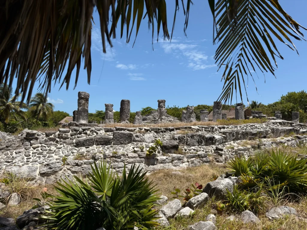 El Rey archeological zone in Cancun with ancient stone columns framed by palm leaves and tropical vegetation.